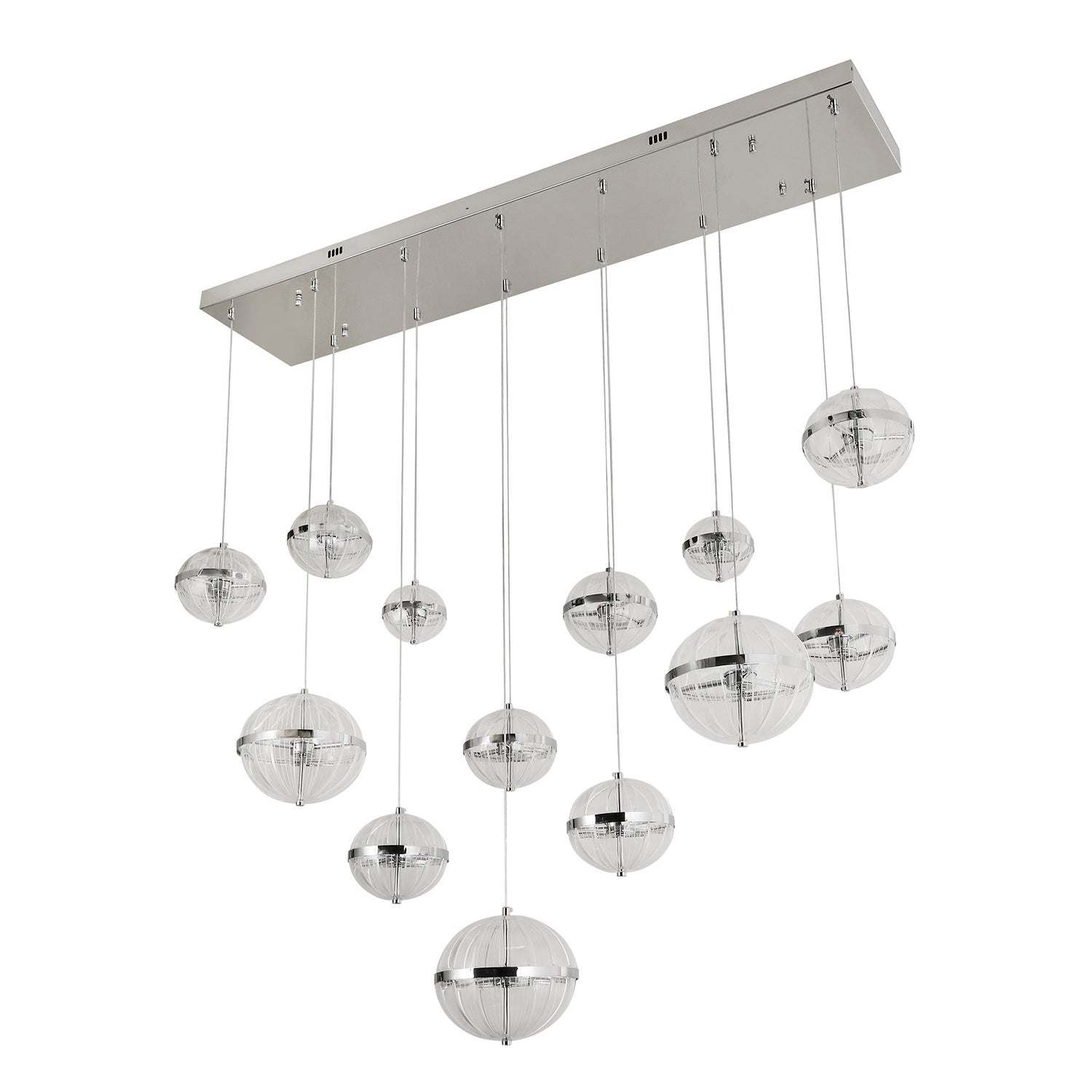 Messina 1500mm Linear Chrome and Pattern Acrylic Tri-Colour Remote Controlled Chandelier