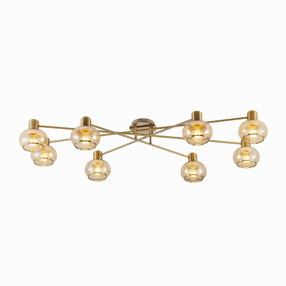 Marbell 8 Light Antique Brass with Amber Glass Retro Classic Close to Ceiling