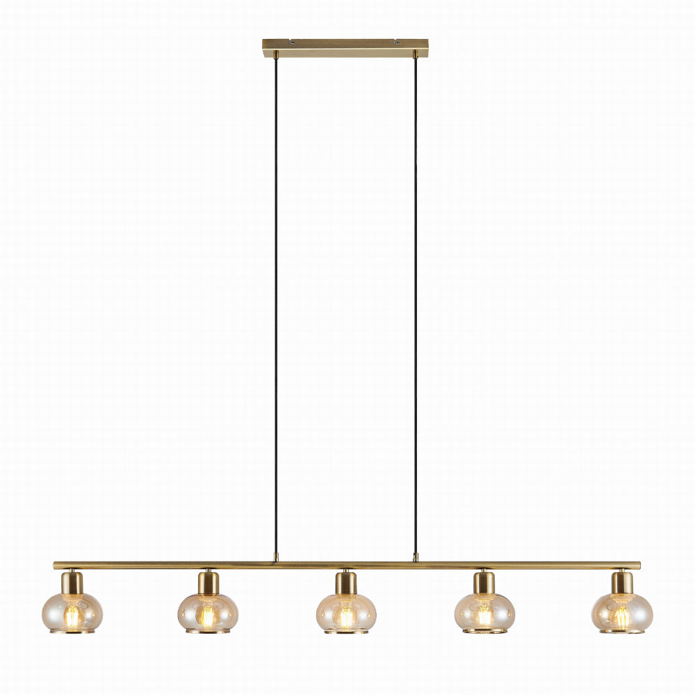 Marbell 5 Light Antique Brass with Amber Glass Retro Classic Pendant