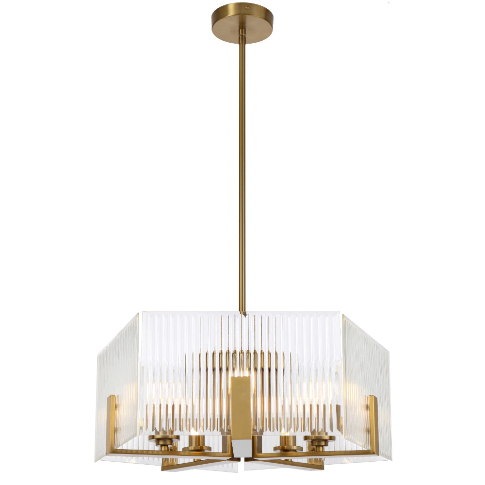 Pelion 5 Light Antique Gold with Ribbed Glass Classic Hamptons Pendant Light