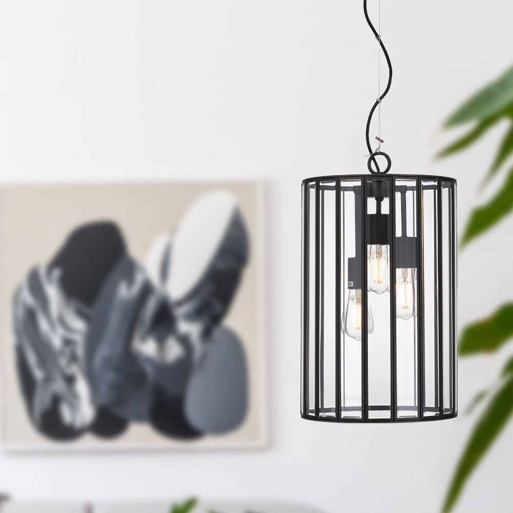 Pratt 30cm Black Glass Panel Tall Drum Pendant