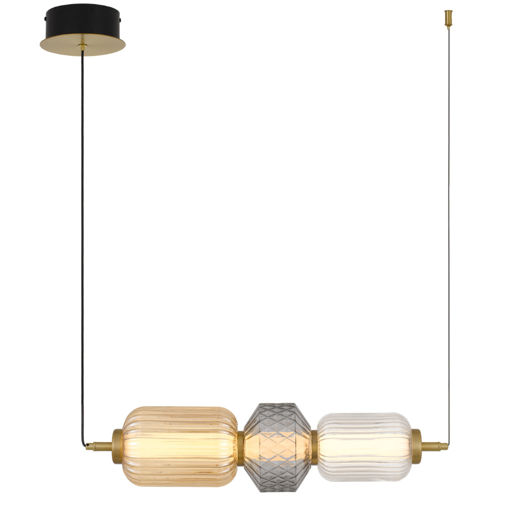 Torso 3 Light Brass Contemporary Warm White LED Pendant Light with Textured Glass