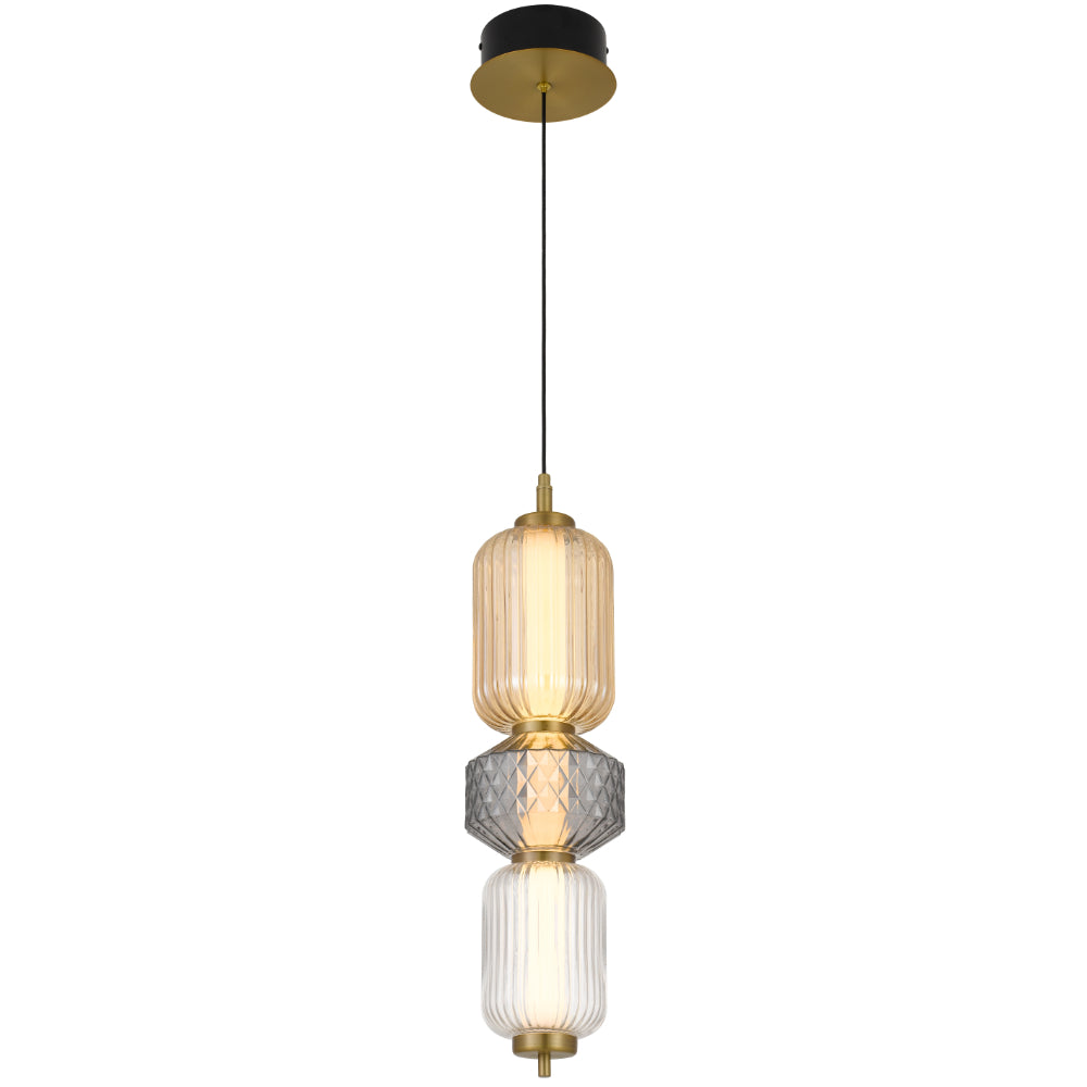 Torso 3 Light Brass Contemporary Warm White LED Pendant Light with Textured Glass