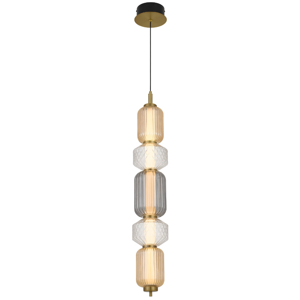 Torso 5 Light Linear Brass Contemporary Warm White LED Pendant Light with Textured Glass