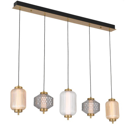 Torso 5 Light Bar Brass Contemporary Warm White LED Pendant Light with Textured Glass